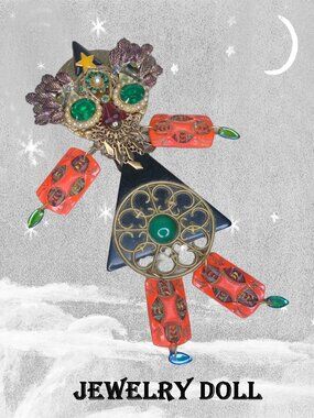 Forest Wizard Jewelry Doll Made with Vintage Pieces - HUGE Brooch -Art to Frame?